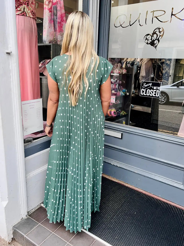 Polka Dot Pleated Maxi Dress KHAKI