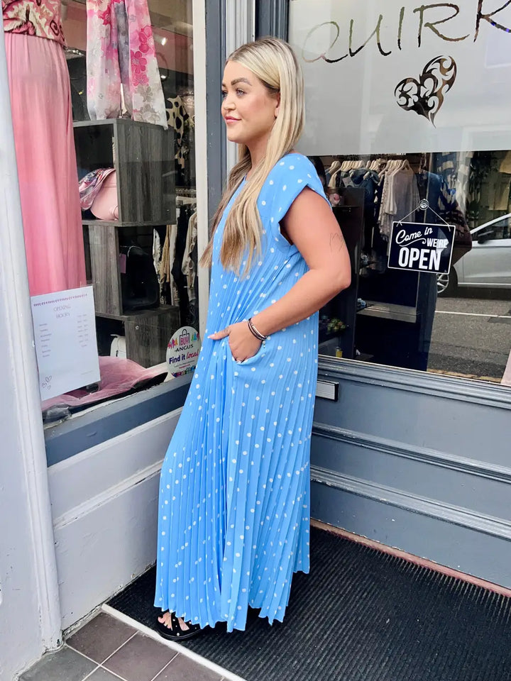 Polka Dot Pleated Maxi Dress LIGHT BLUE