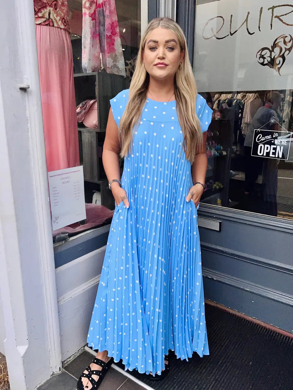 Polka Dot Pleated Maxi Dress LIGHT BLUE