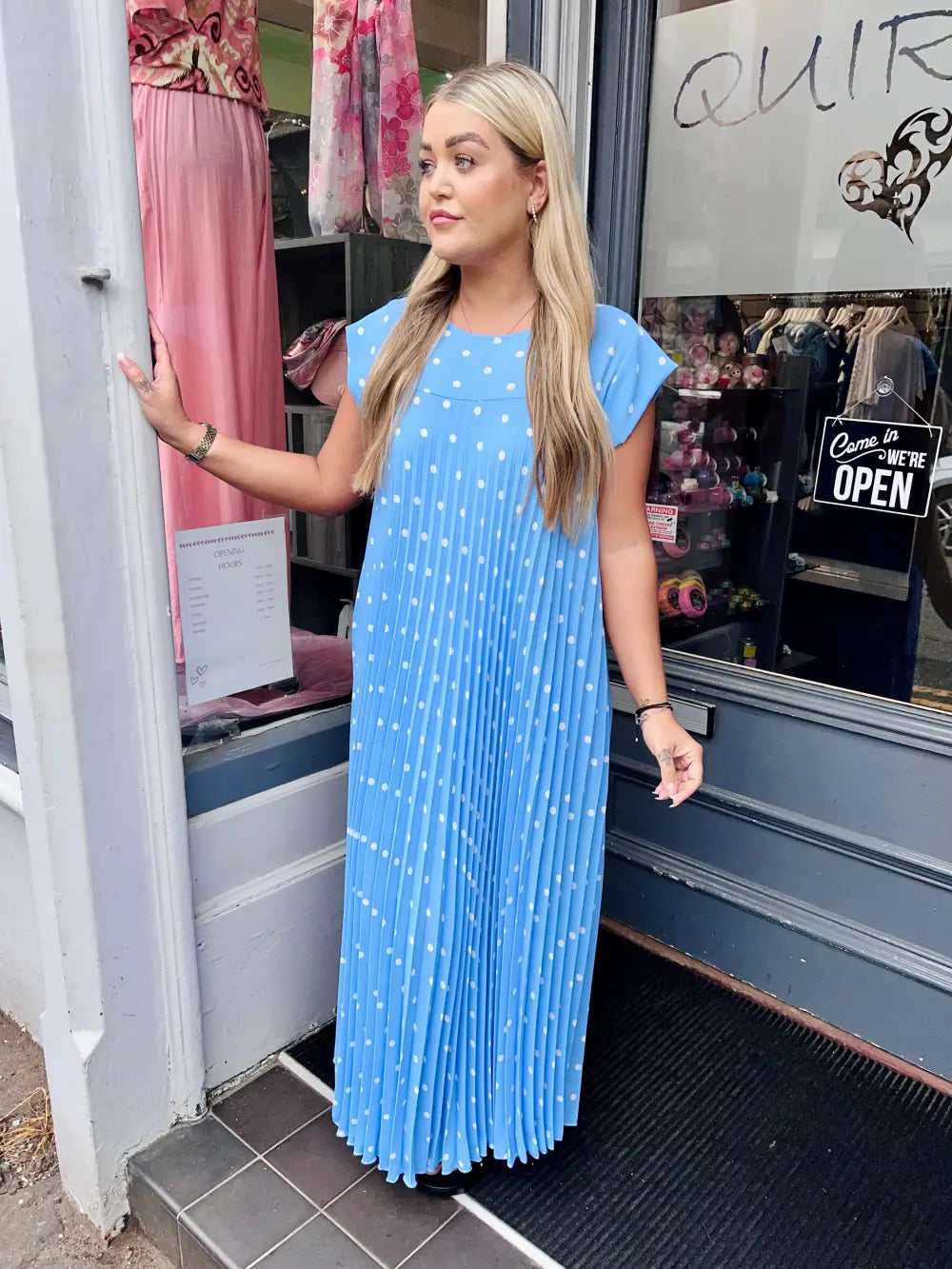 Polka Dot Pleated Maxi Dress LIGHT BLUE
