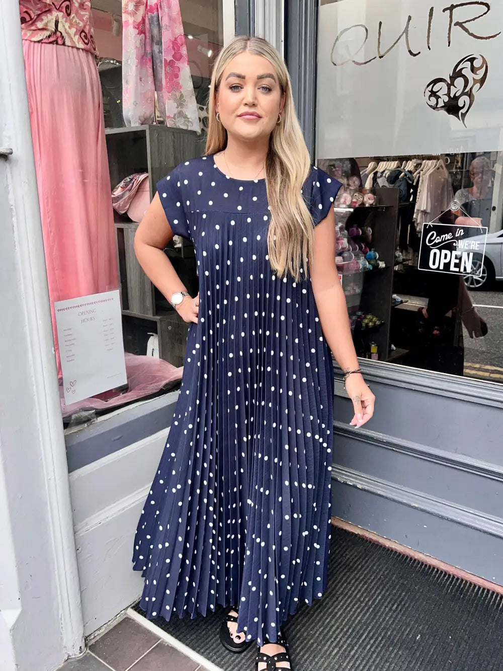Polka Dot Pleated Maxi Dress NAVY