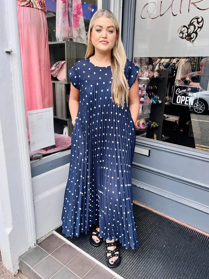 Polka Dot Pleated Maxi Dress NAVY