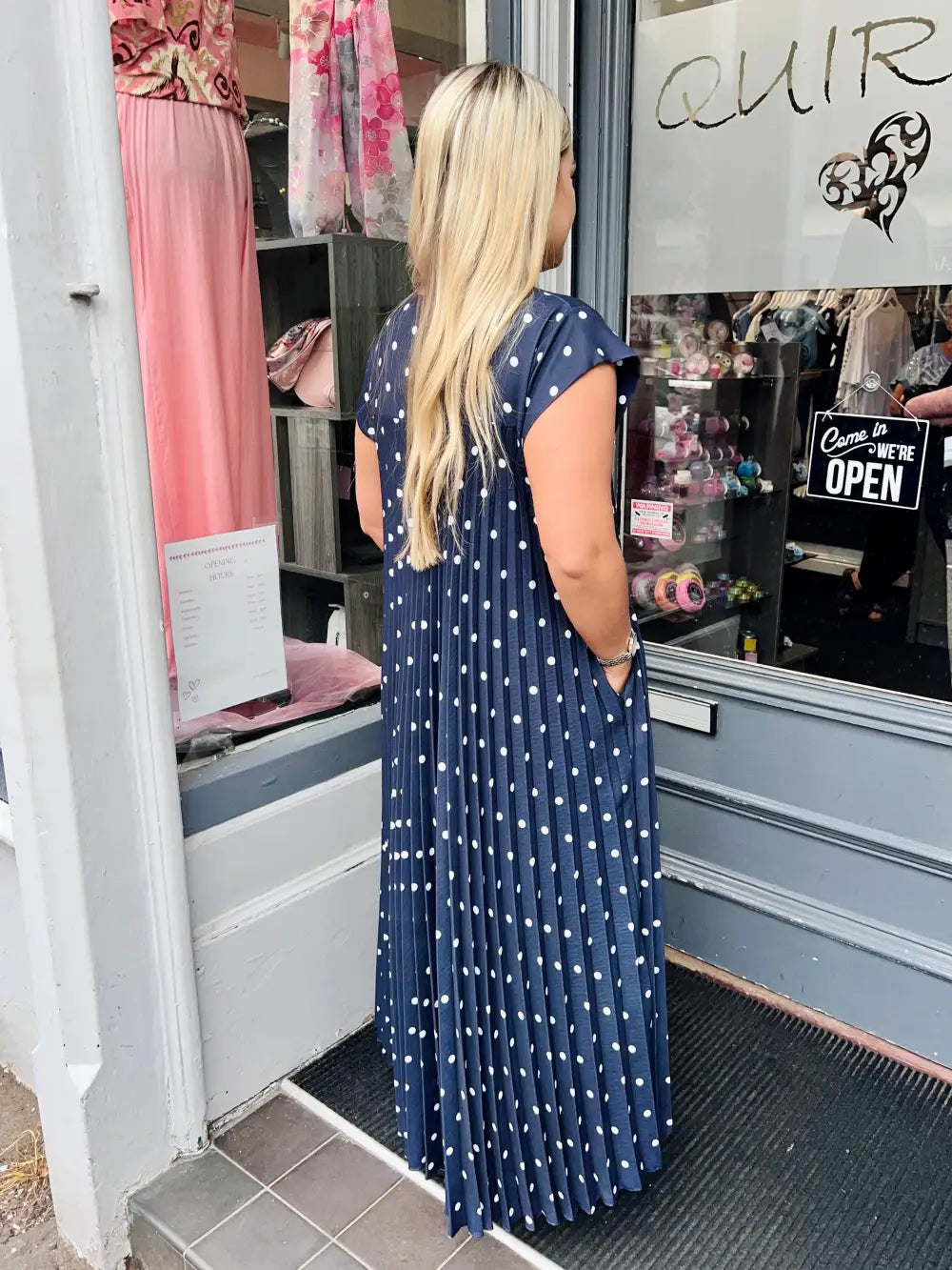 Polka Dot Pleated Maxi Dress NAVY