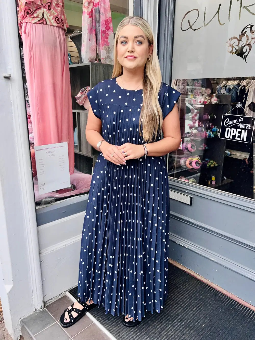 Polka Dot Pleated Maxi Dress NAVY