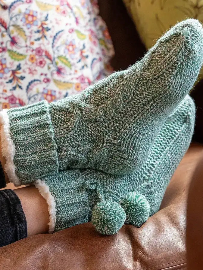 POM Cable Knit Sherpa Slipper Sock GREEN - Socks