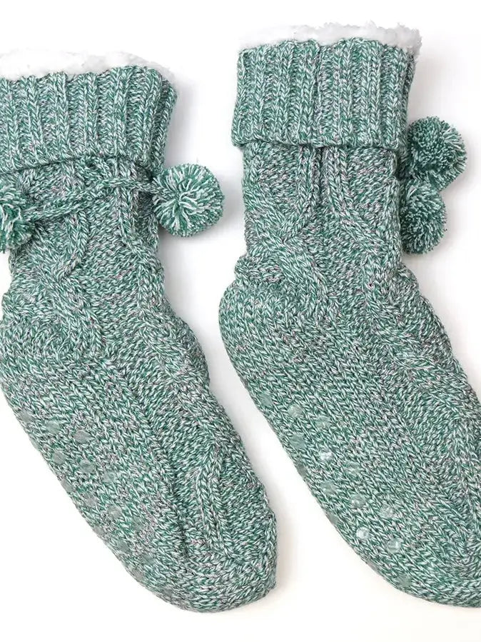 POM Cable Knit Sherpa Slipper Sock GREEN - Socks