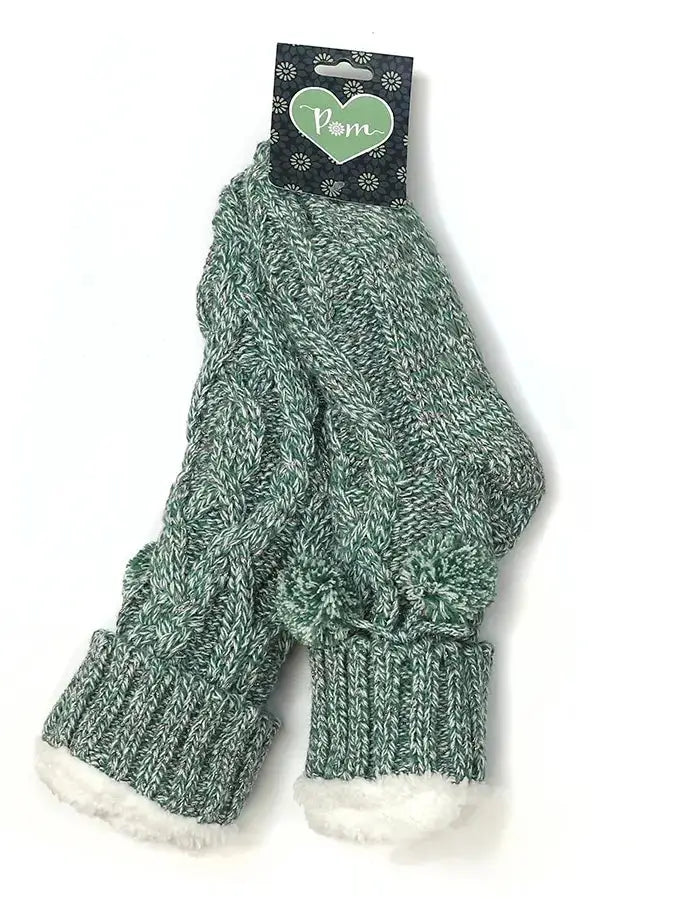 POM Cable Knit Sherpa Slipper Sock GREEN - Socks