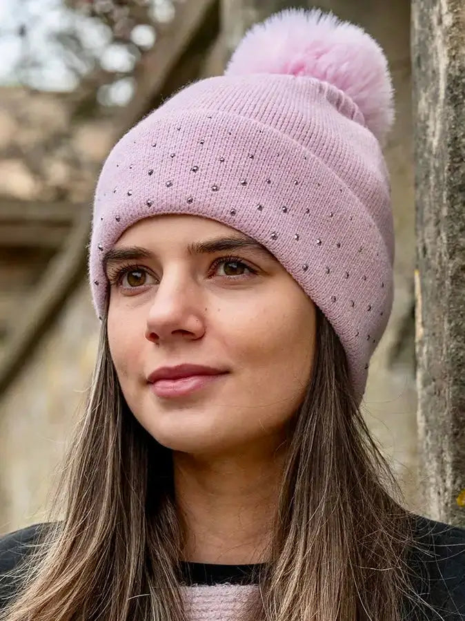 POM Embellished Knit Hat PALE PINK Quirky Boutique Quirky Boutique