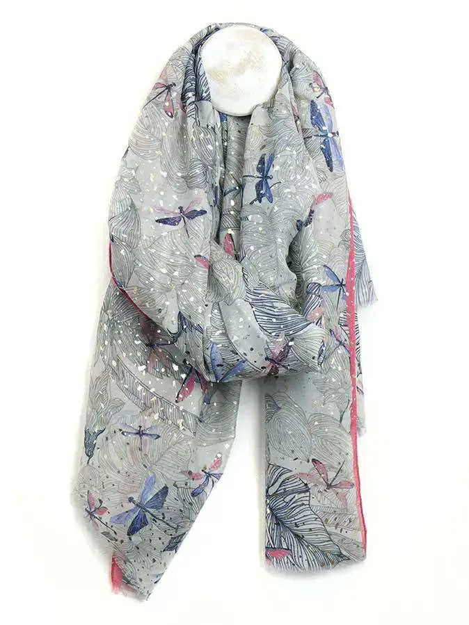 POM Metallic Print Dragonfly Scarf GREY