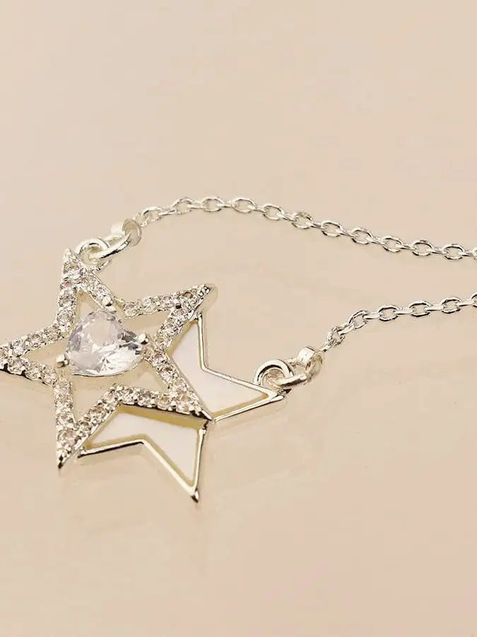 POM Silver Plated Double Star and Crystal Heart Necklace