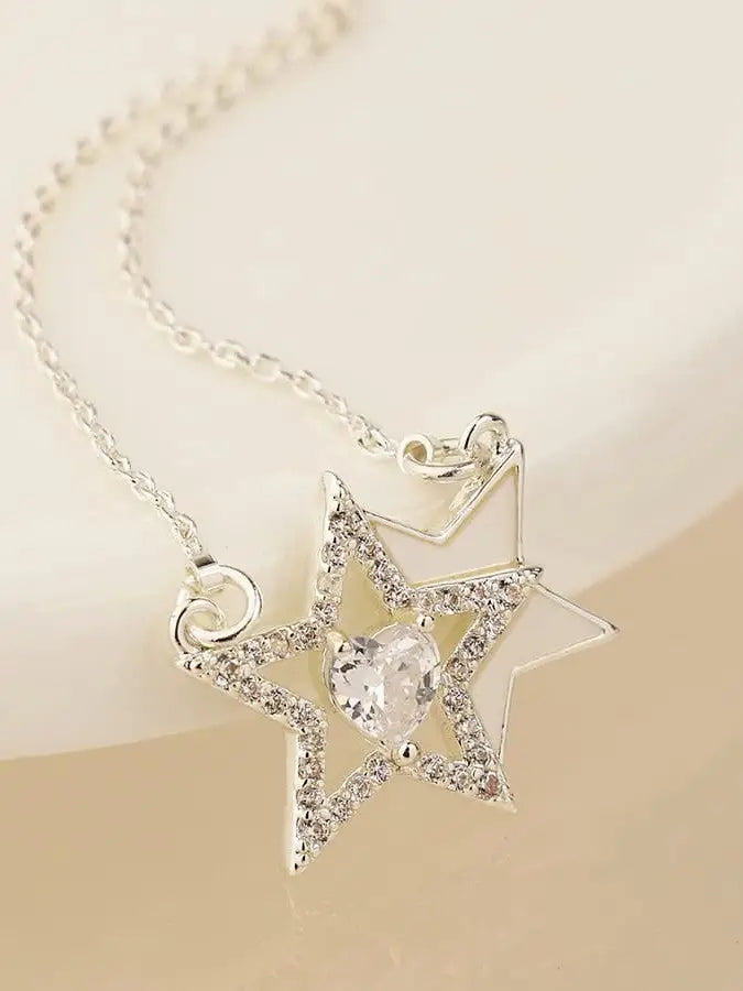 POM Silver Plated Double Star and Crystal Heart Necklace