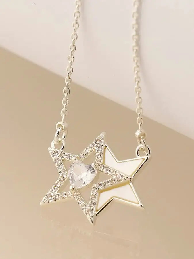 POM Silver Plated Double Star and Crystal Heart Necklace