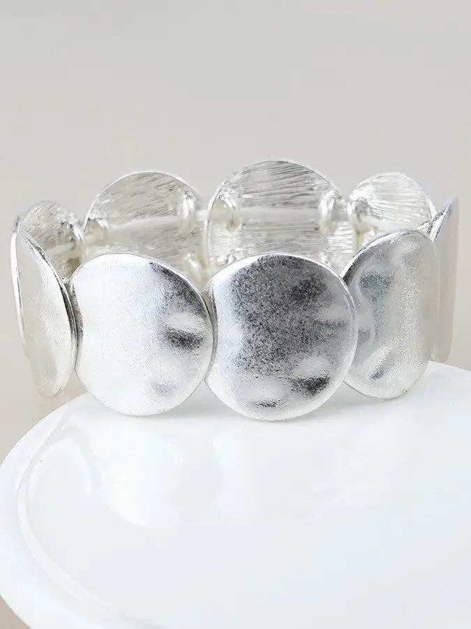 POM Silver Plated Worn Disc Stretch Bracelet