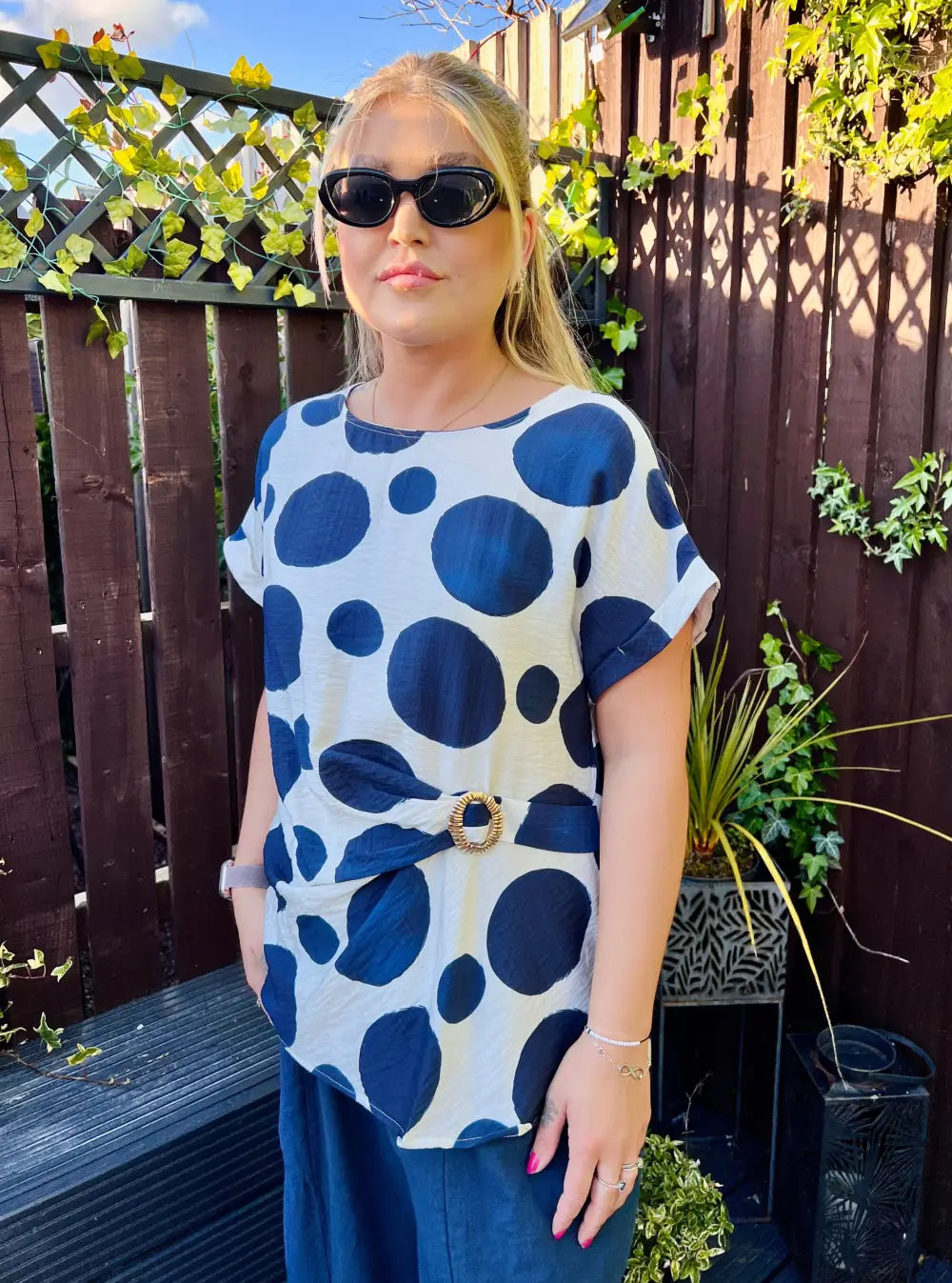 Remi Polka Dot Buckle Top NAVY