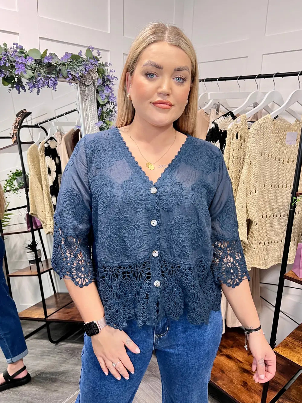 Rhona Floral Lace Blouse NAVY