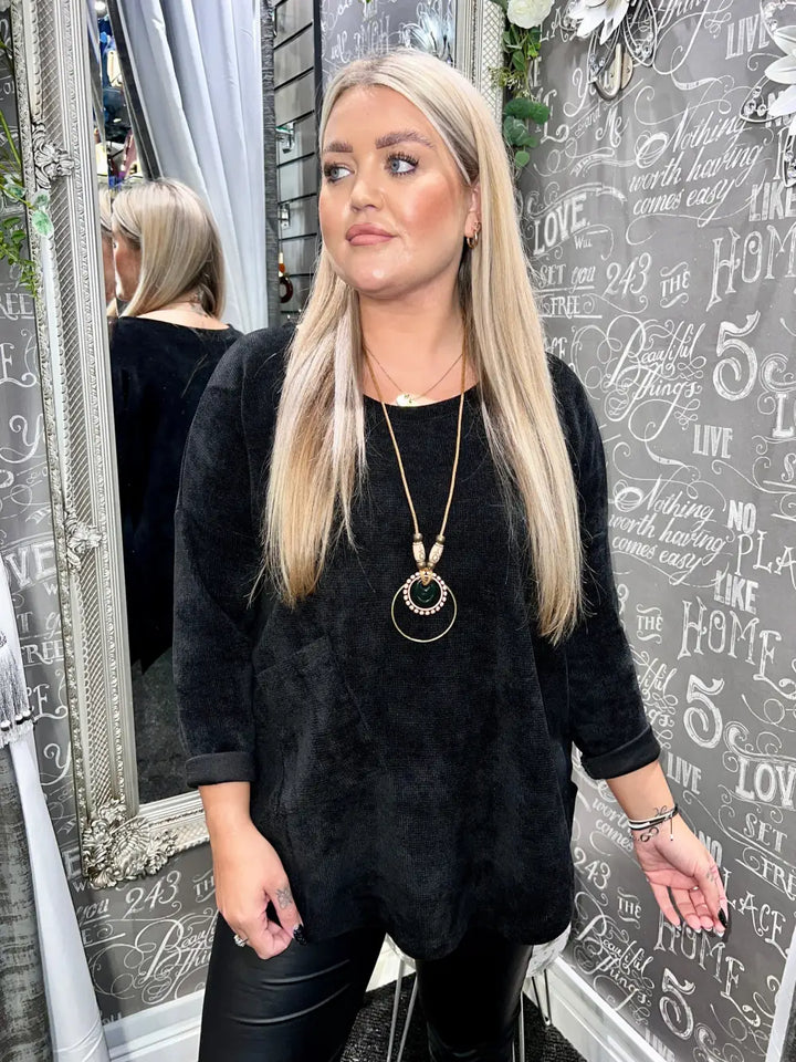 Rosie Chenille Necklace Top BLACK - Tops