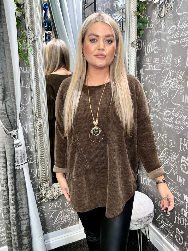 Rosie Chenille Necklace Top CHOCOLATE - Tops