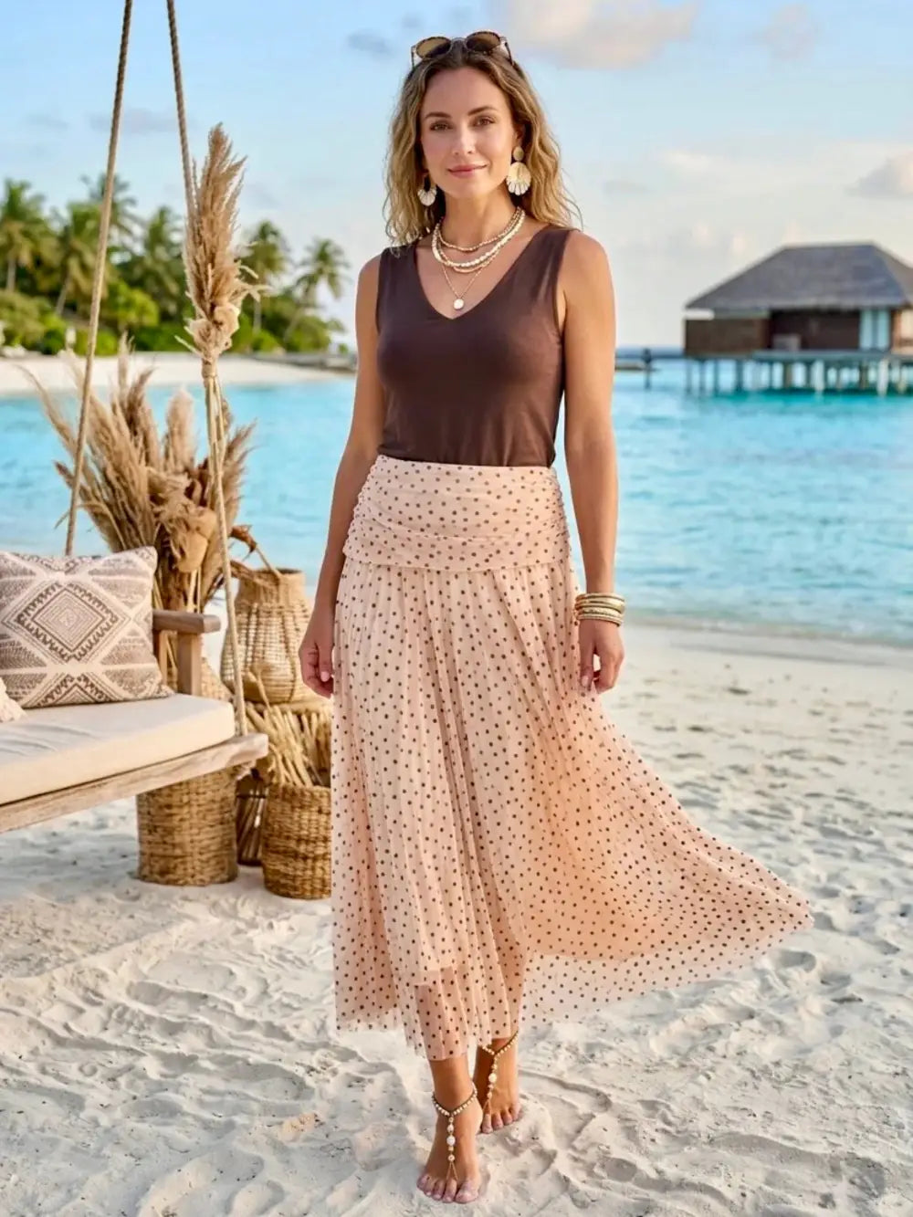 Sabrina Chiffon Polka Dot Skirt BEIGE