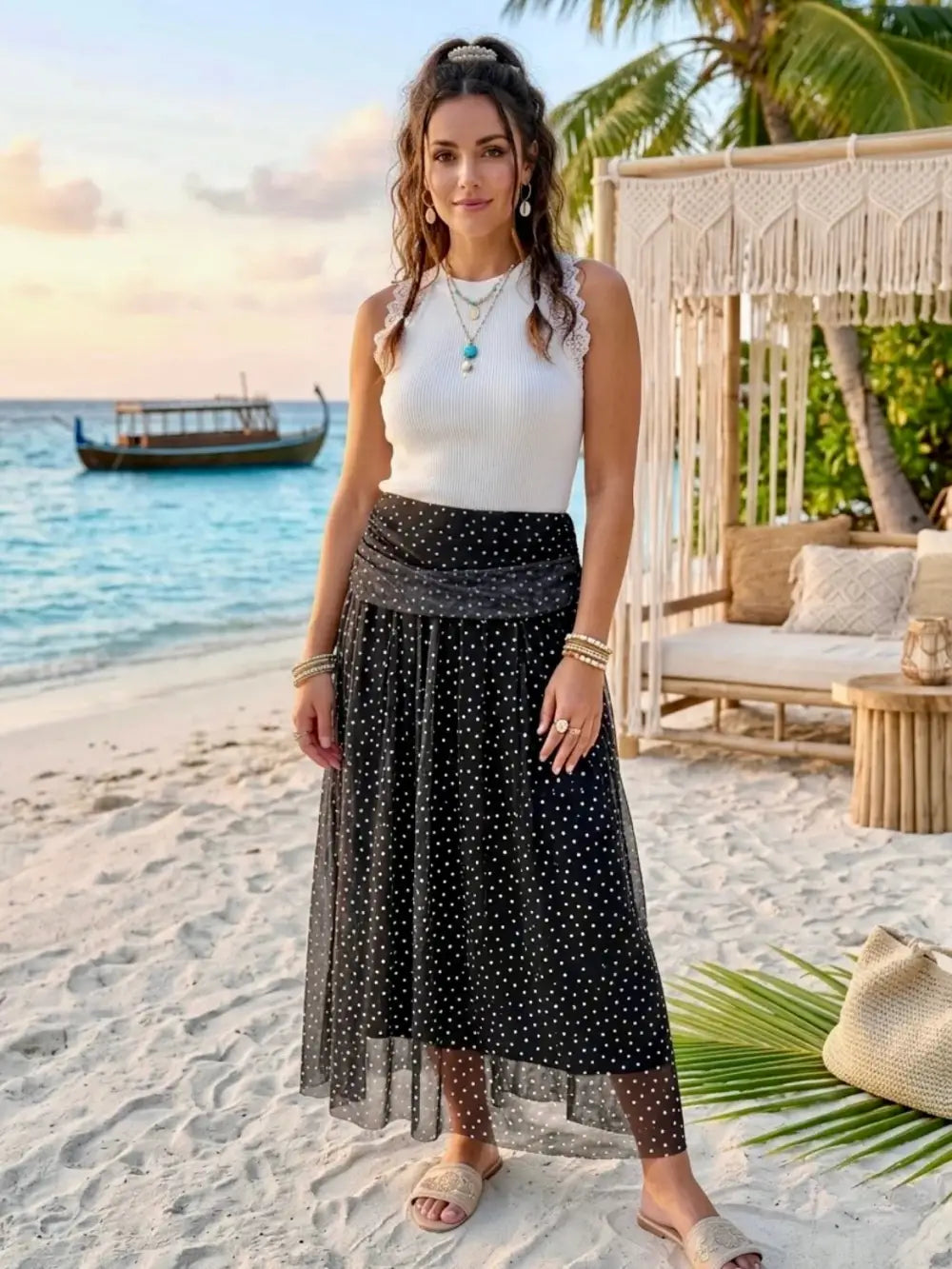 Sabrina Chiffon Polka Dot Skirt BLACK