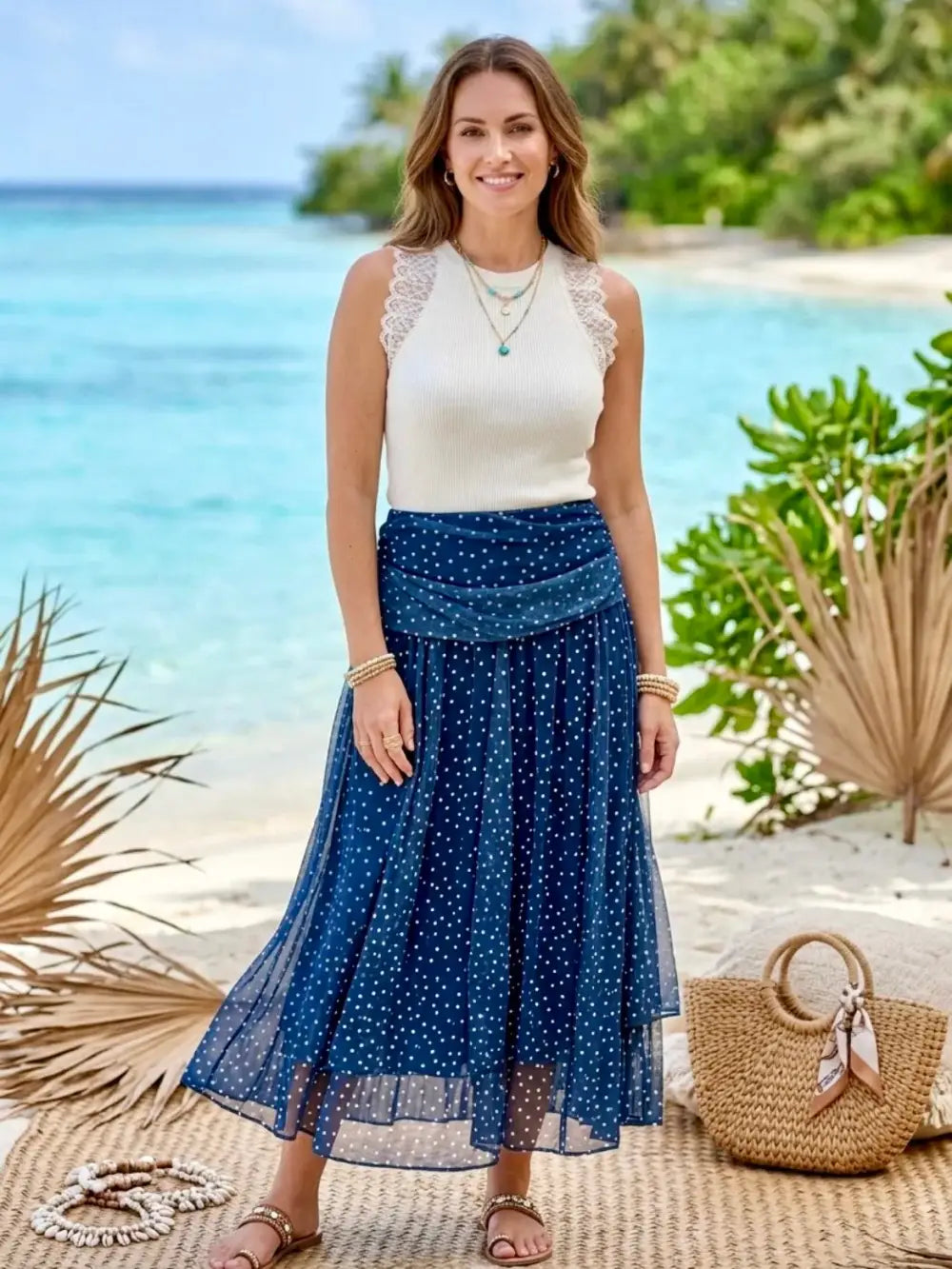 Sabrina Chiffon Polka Dot Skirt NAVY