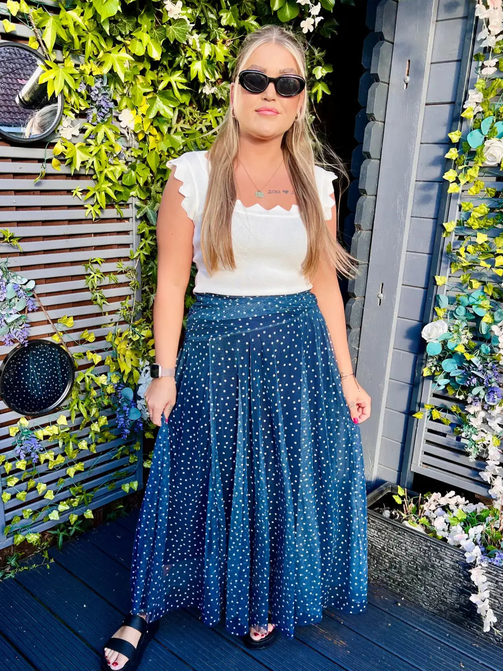 Sabrina Chiffon Polka Dot Skirt NAVY