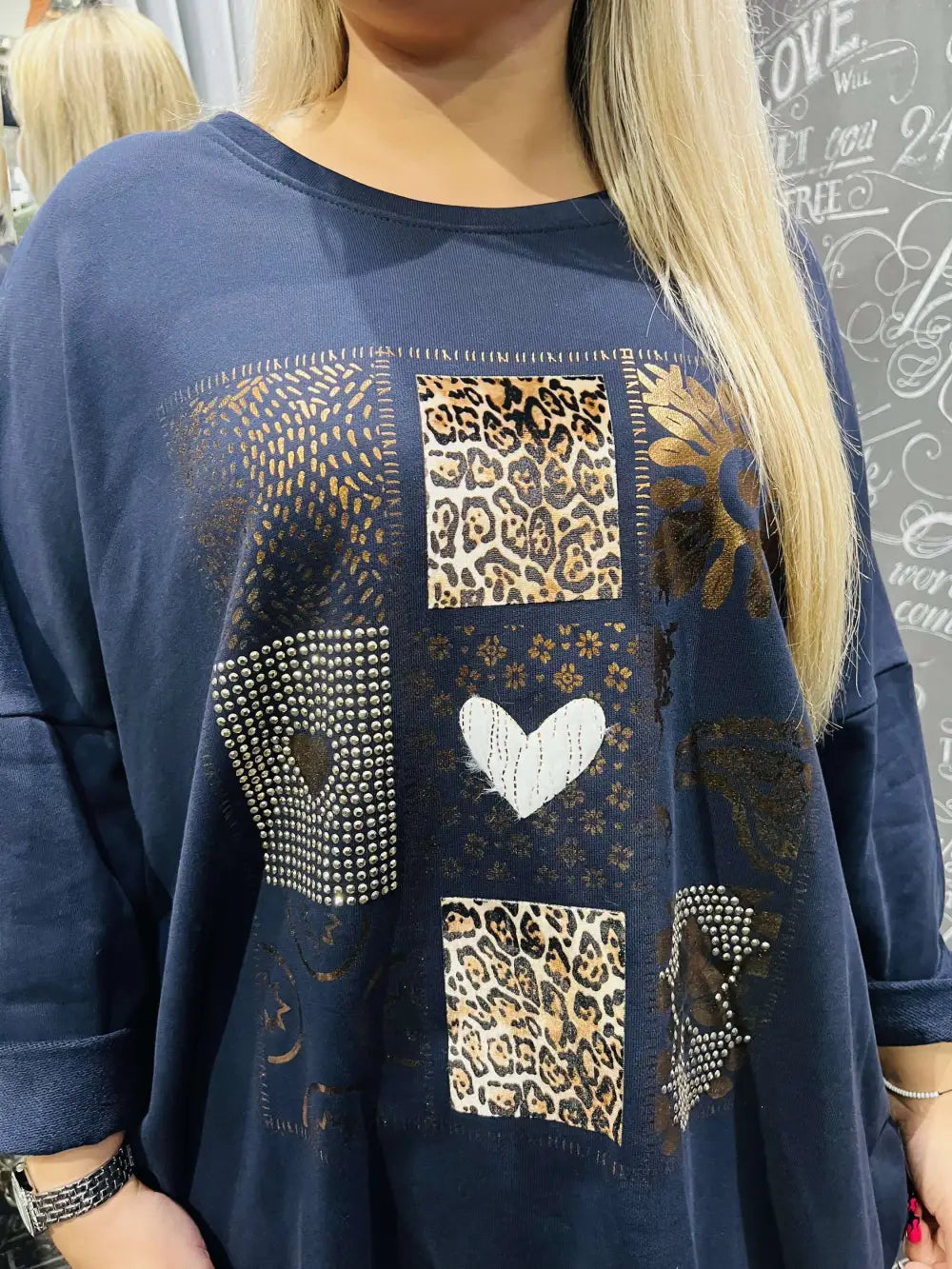 Samantha Longline Foil Animal Print Design Sweatshirt NAVY