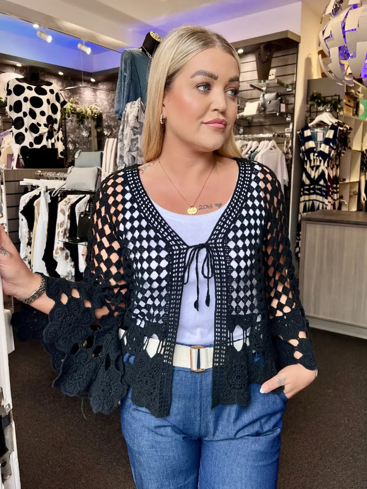 Sasha Crochet Tie Front Cardigan BLACK