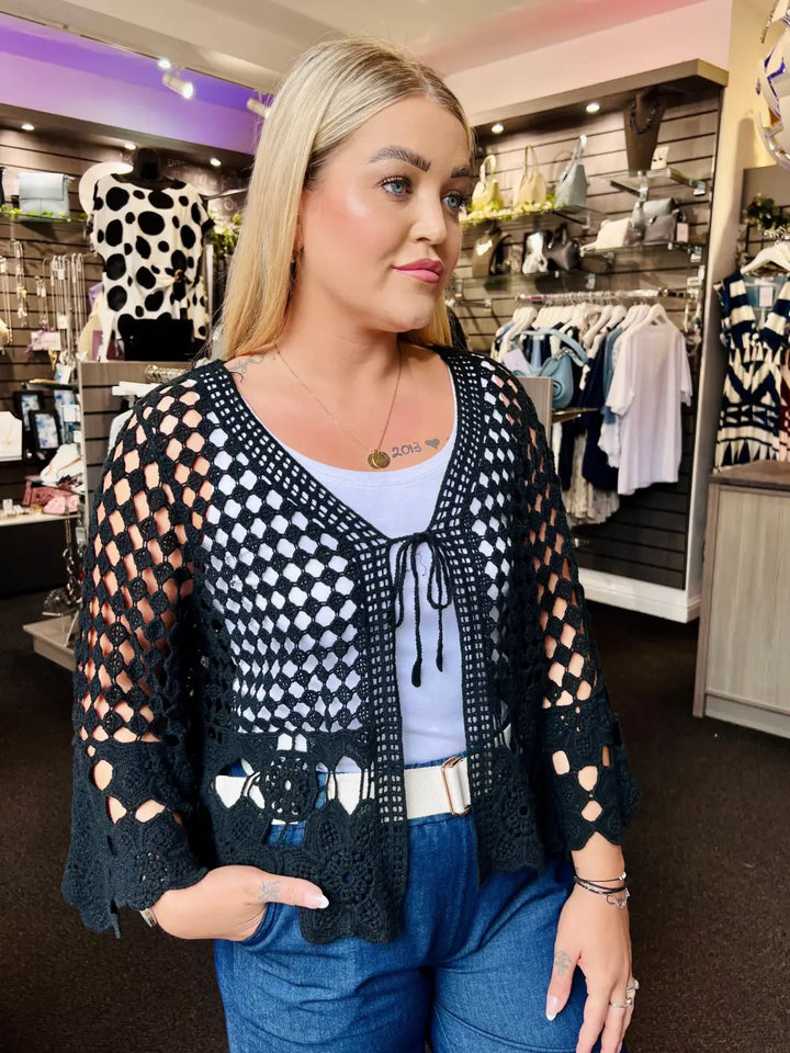 Sasha Crochet Tie Front Cardigan BLACK