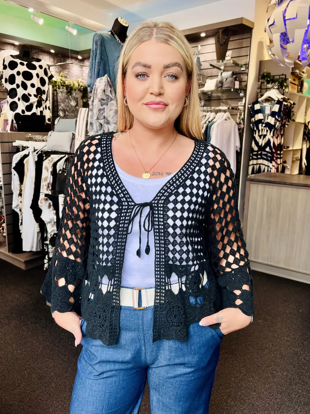 Sasha Crochet Tie Front Cardigan BLACK
