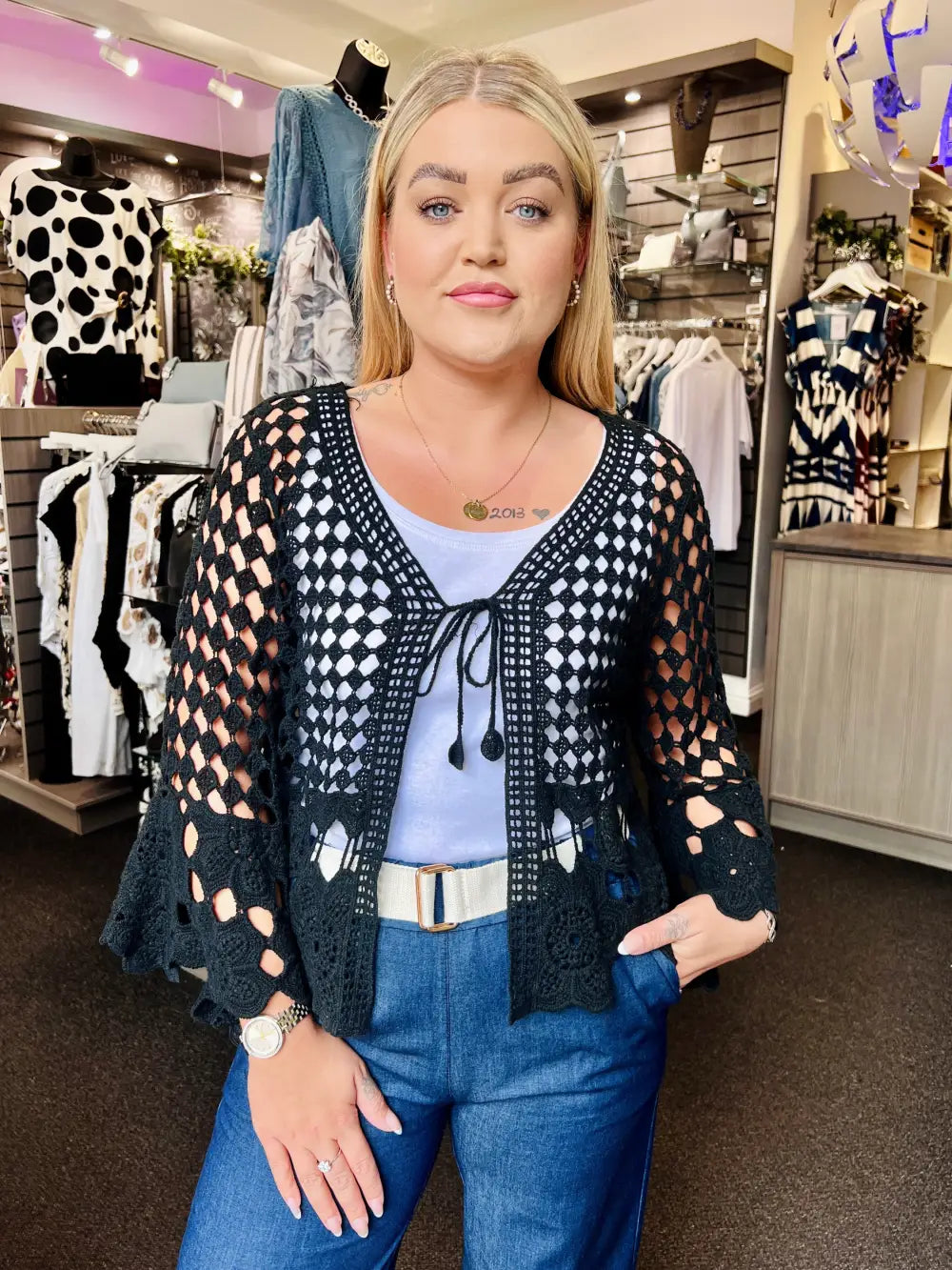 Sasha Crochet Tie Front Cardigan BLACK