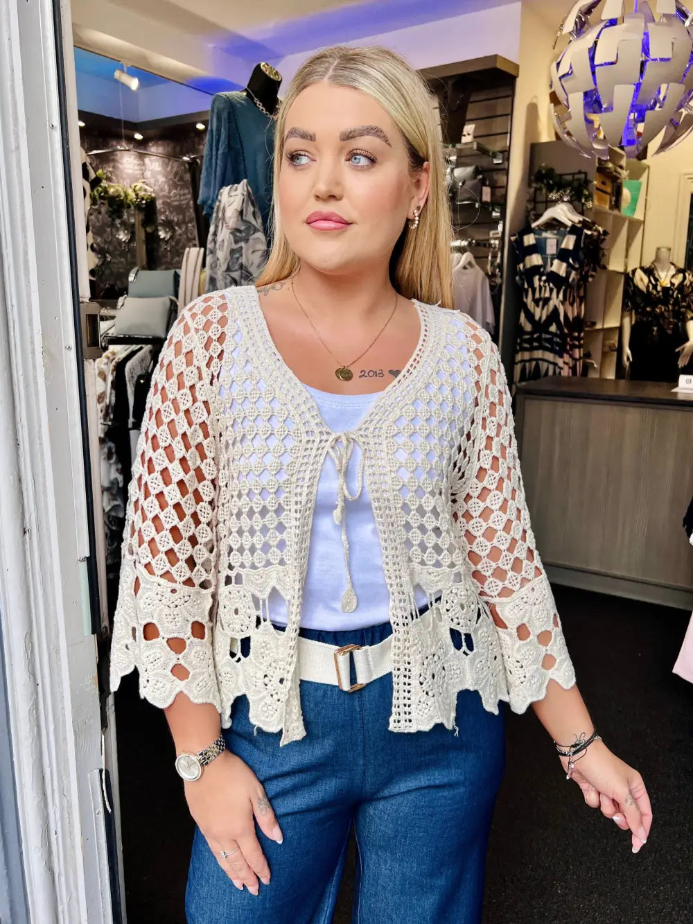 Sasha Crochet Tie Front Cardigan CREAM