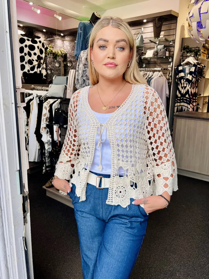 Sasha Crochet Tie Front Cardigan CREAM