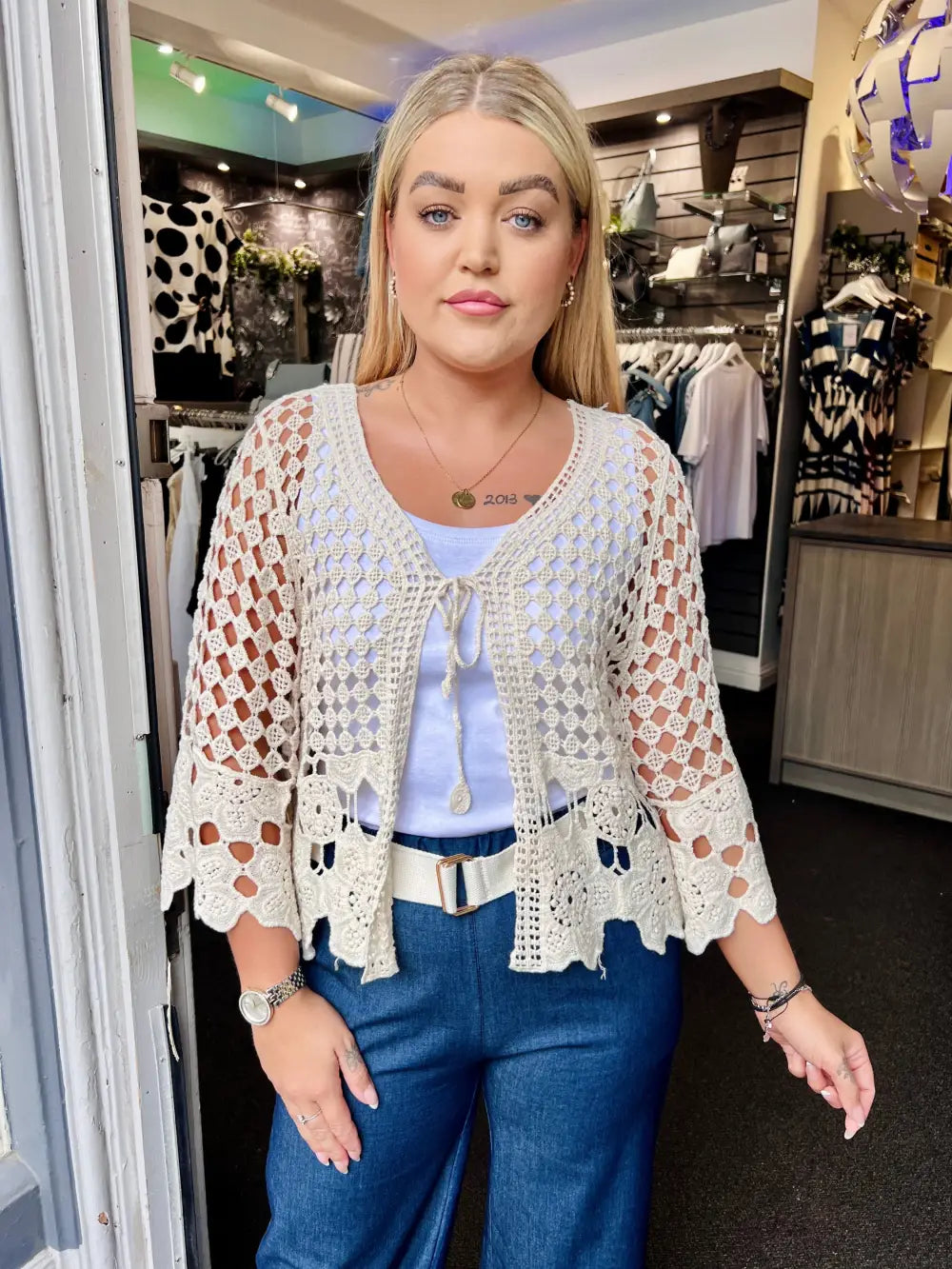 Sasha Crochet Tie Front Cardigan CREAM