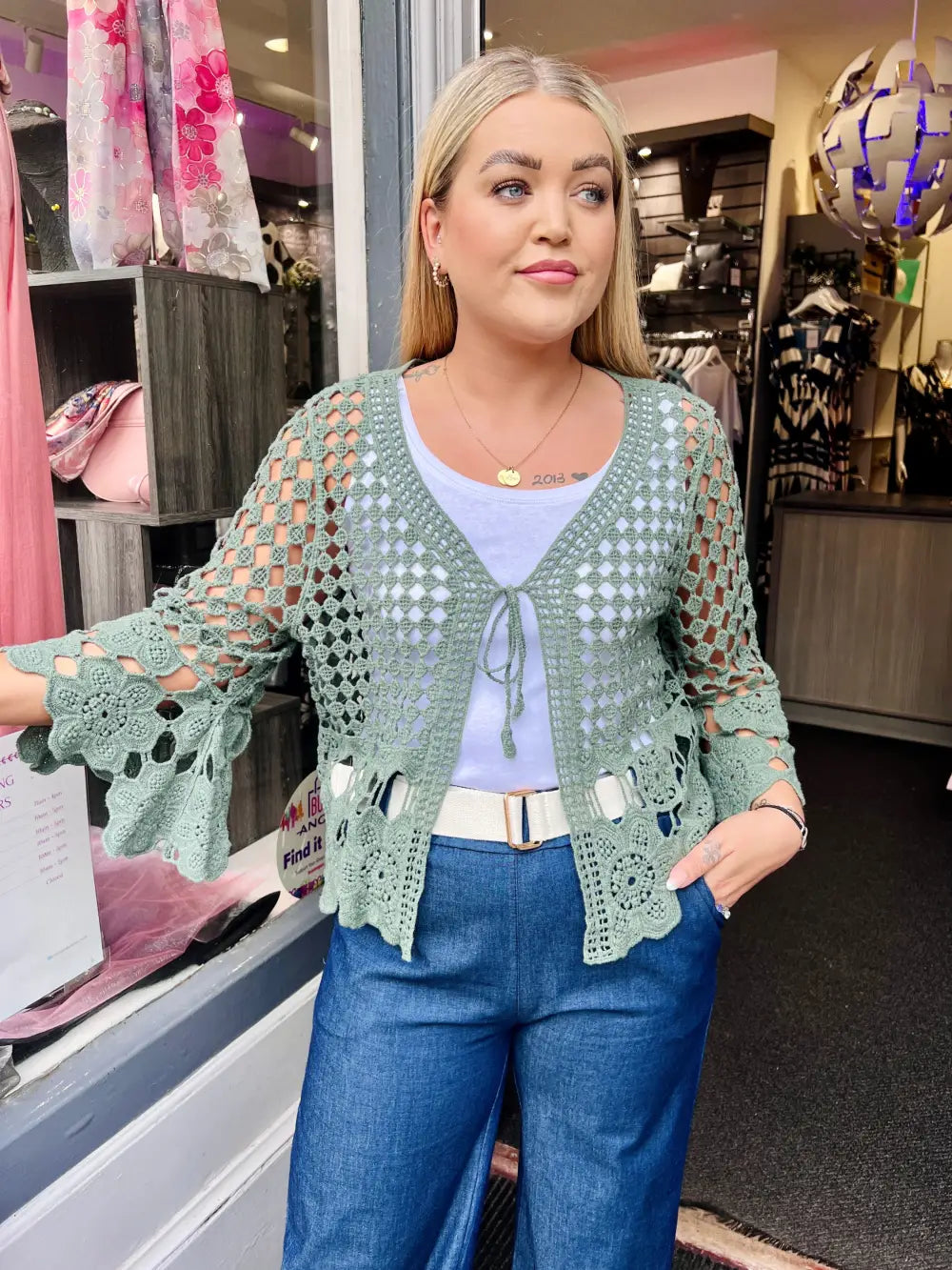 Sasha Crochet Tie Front Cardigan KHAKI