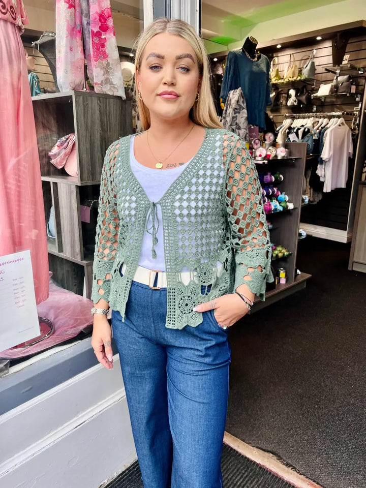 Sasha Crochet Tie Front Cardigan KHAKI