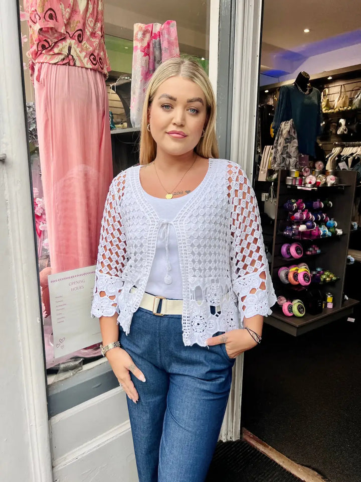 Sasha Crochet Tie Front Cardigan WHITE