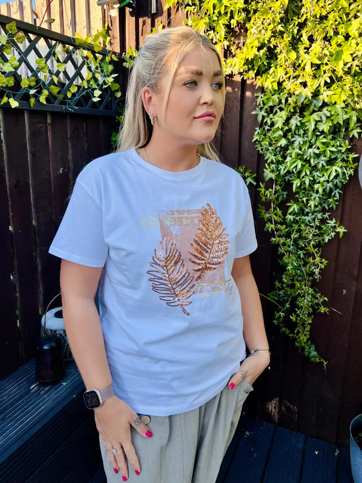 Sequin Feather Embossed T-Shirt WHITE