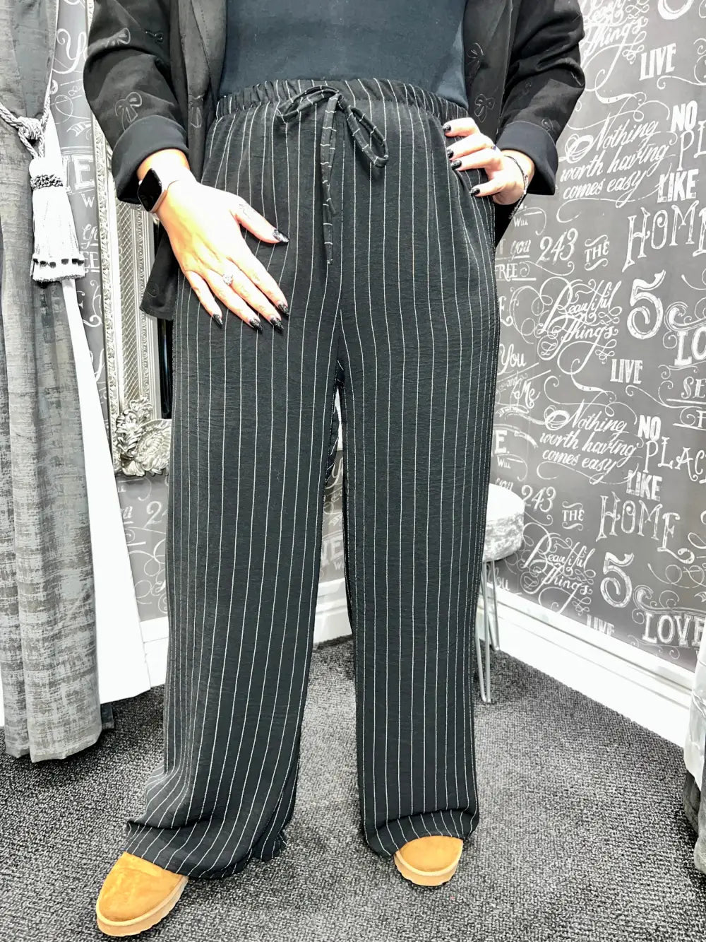 Shania Wide Leg Pin Stripe Trousers BLACK