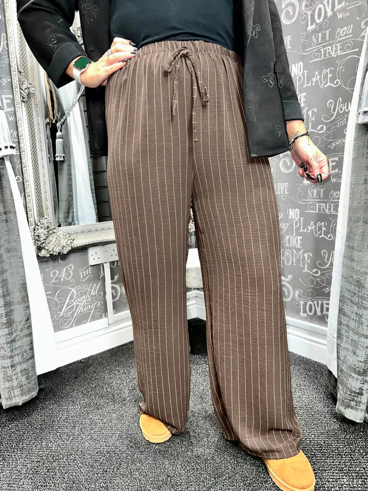 Shania Wide Leg Pin Stripe Trousers CHOCOLATE