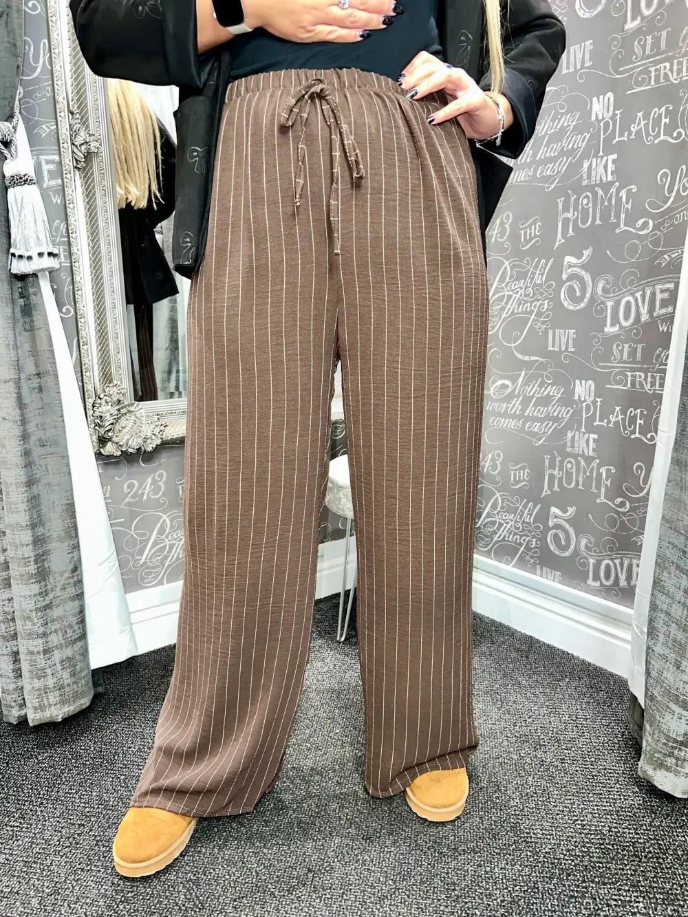 Shania Wide Leg Pin Stripe Trousers CHOCOLATE