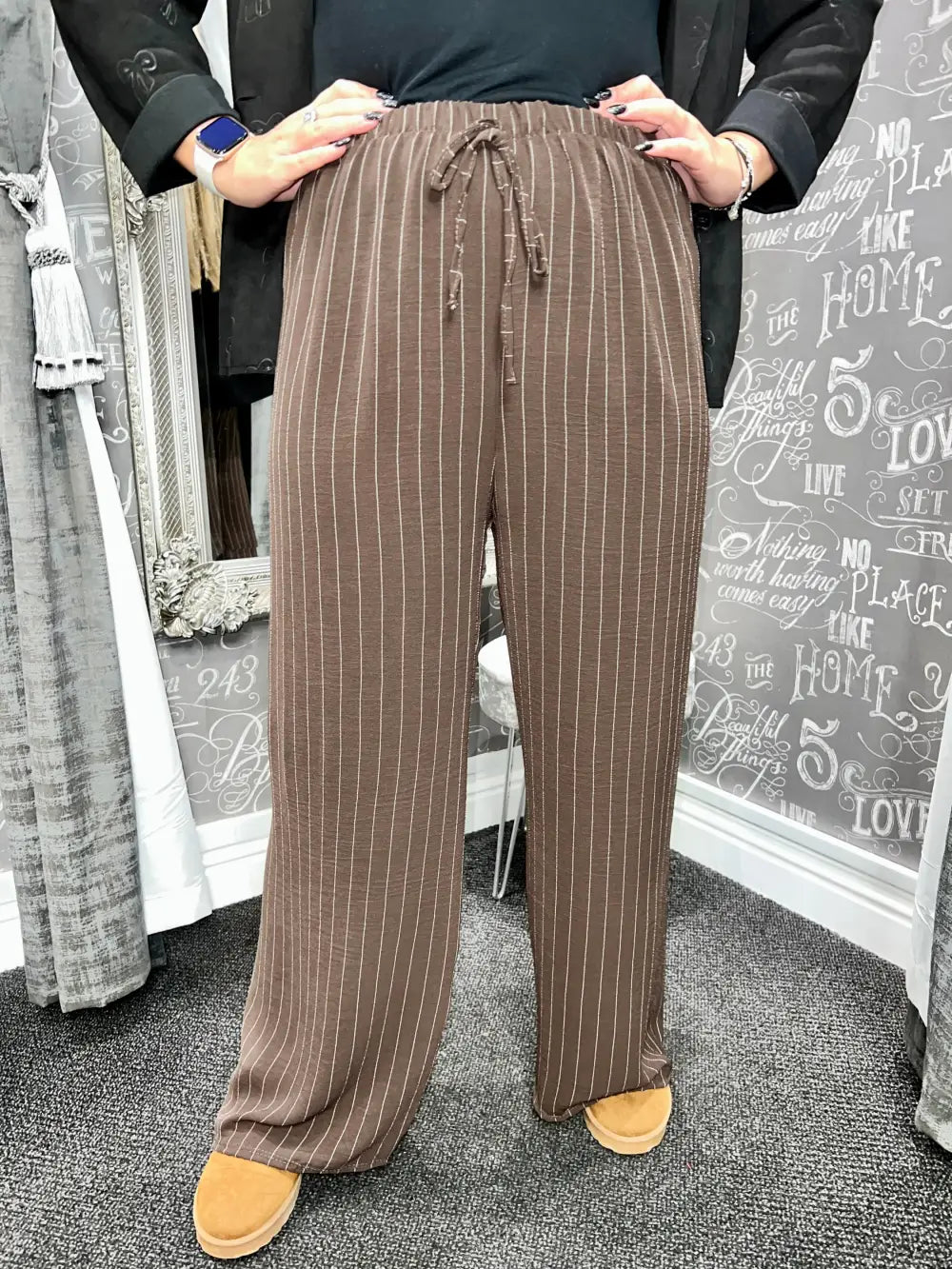 Shania Wide Leg Pin Stripe Trousers CHOCOLATE