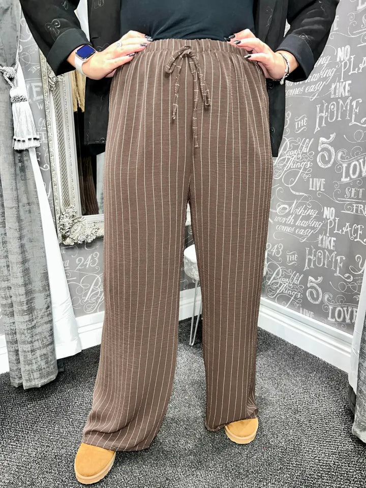 Shania Wide Leg Pin Stripe Trousers CHOCOLATE