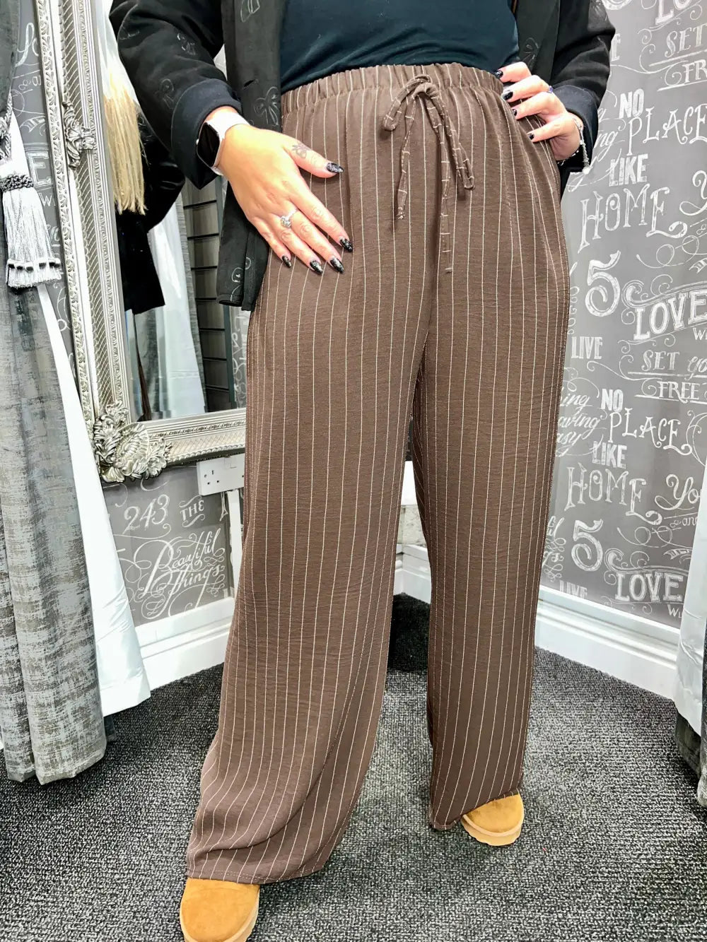 Shania Wide Leg Pin Stripe Trousers CHOCOLATE