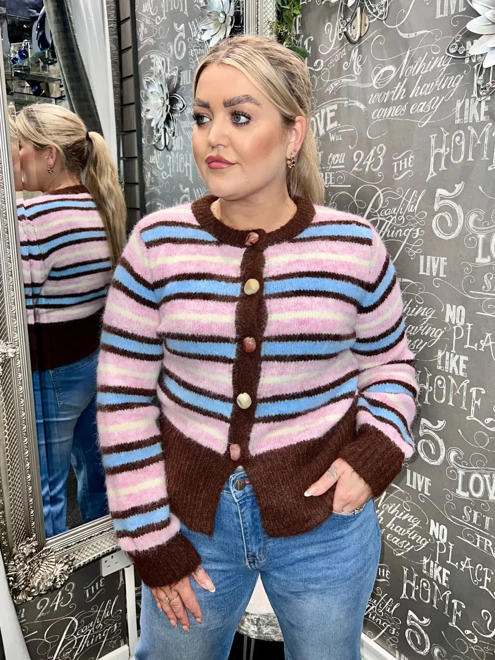 Sophia Gemstone Button Stripe Cardigan MULTI