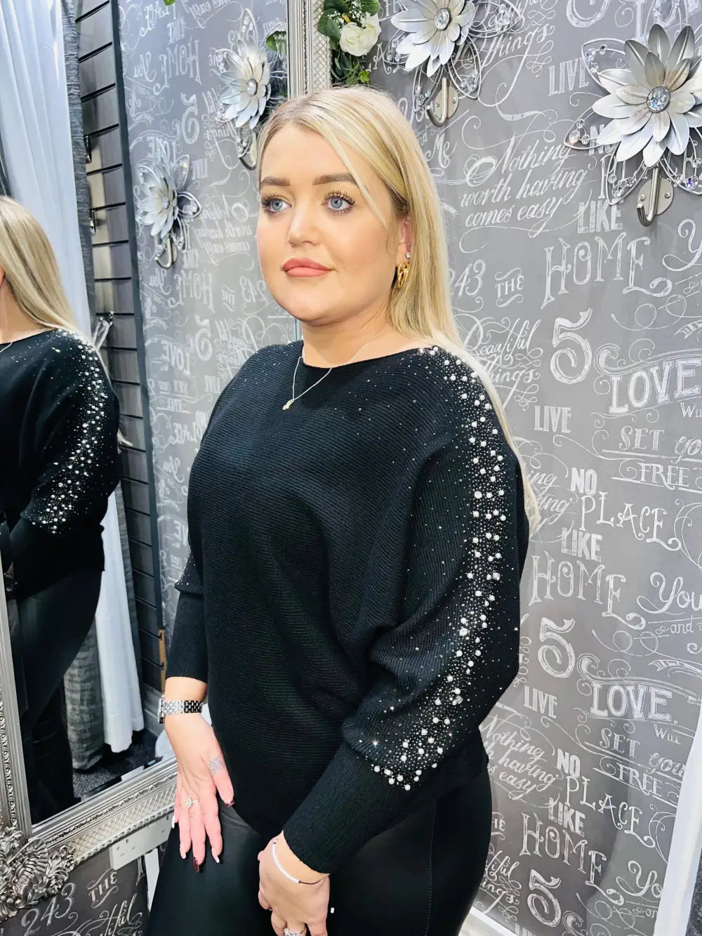 Sparkle & Pearl Sleeve Jumper BLACK - Jumper