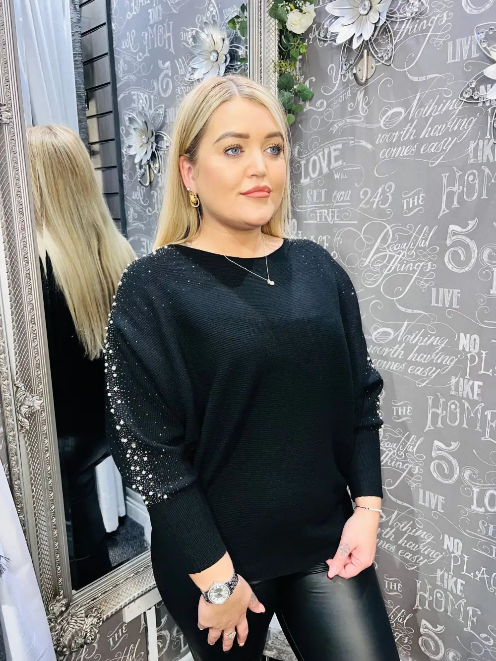 Sparkle & Pearl Sleeve Jumper BLACK - Jumper