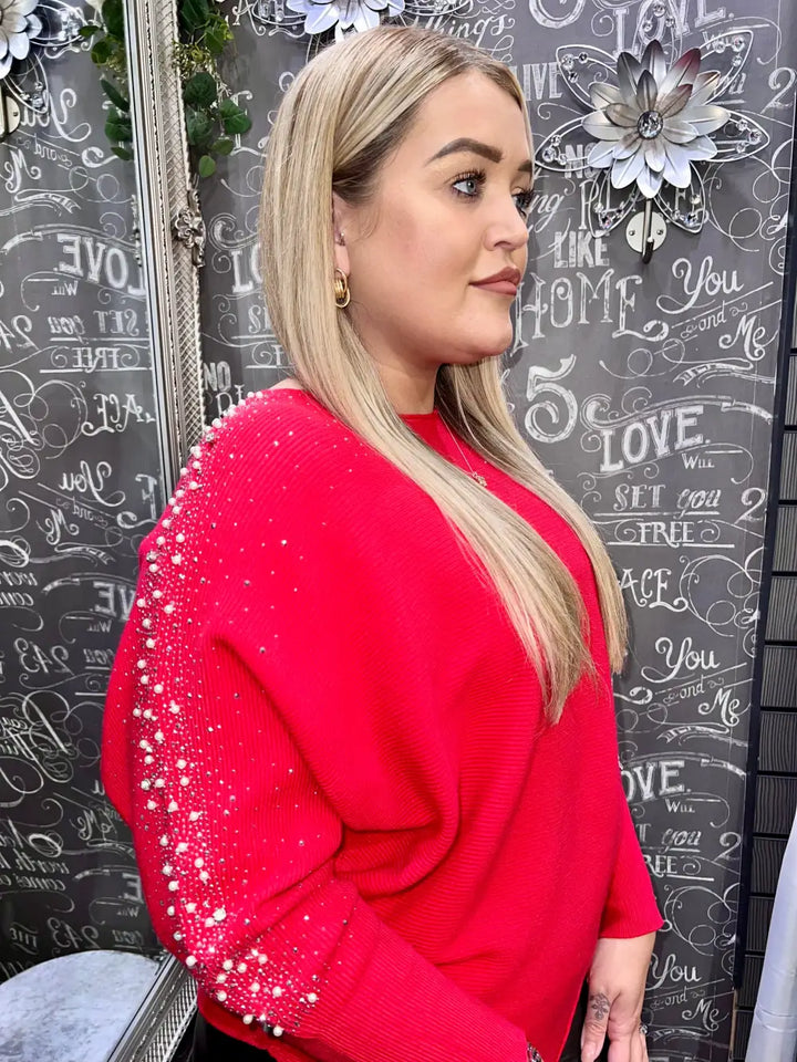 Sparkle & Pearl Sleeve Jumper RED - Jumper