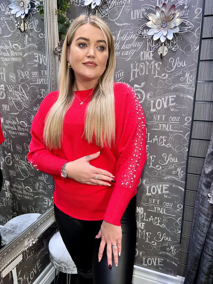 Sparkle & Pearl Sleeve Jumper RED - Jumper