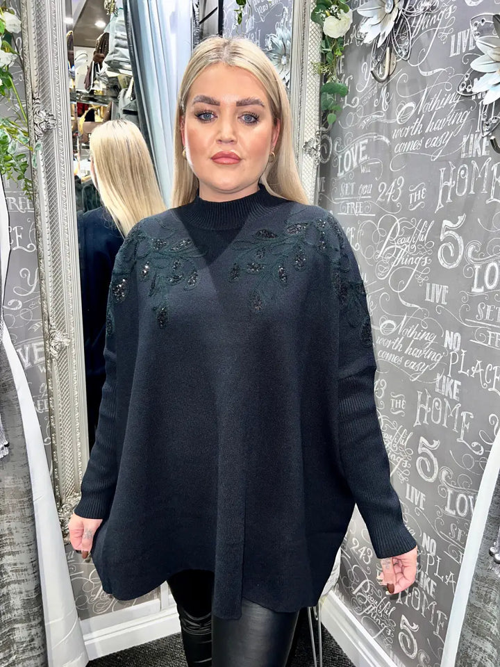 Staci Sequin Leaf Design Jumper BLACK