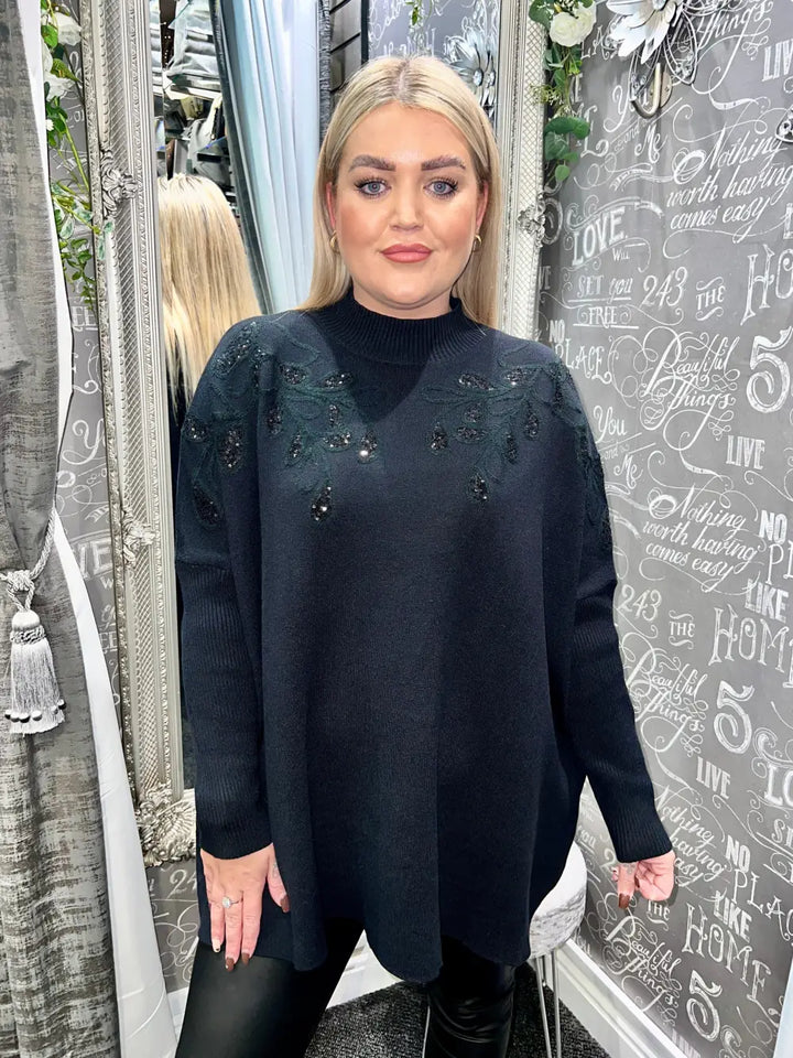 Staci Sequin Leaf Design Jumper BLACK